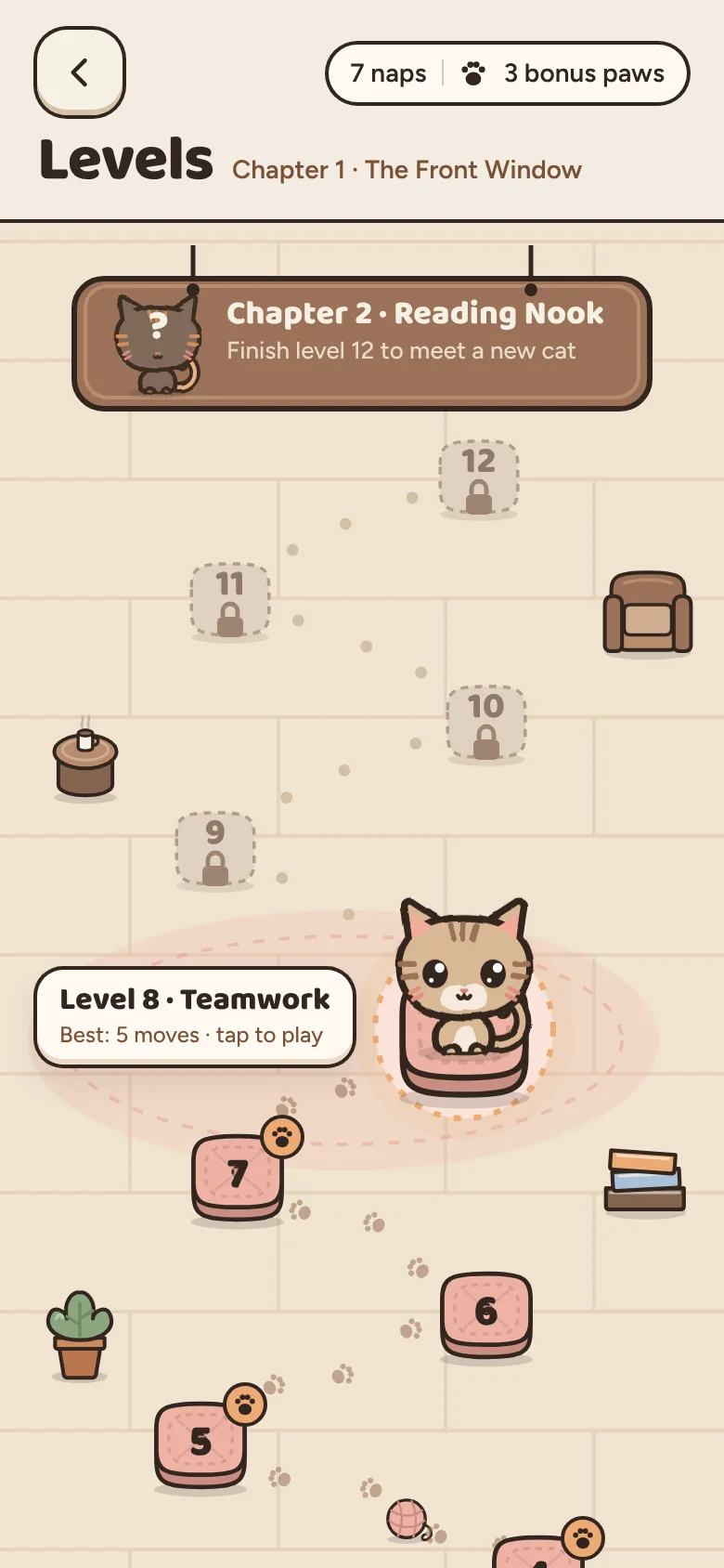 The Cat Nap levels map: cushion-shaped levels winding through a café, with the next chapter sign